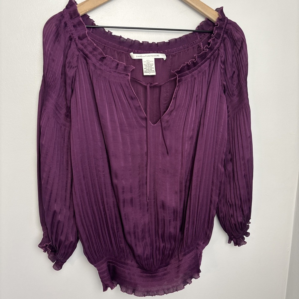 DVF Diane‎ Von Furstenberg Top Blouse Peasant Ruffle Polyester Plum Women's Sz 4